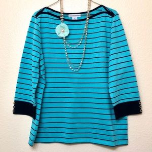 Liz Claiborne Teal & Navy Striped Boatneck Sweater XL